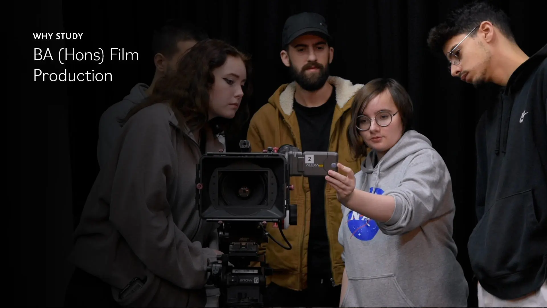 students working with an Alexa camera. Text reads: 'Why study BA (Hons) Film Production'