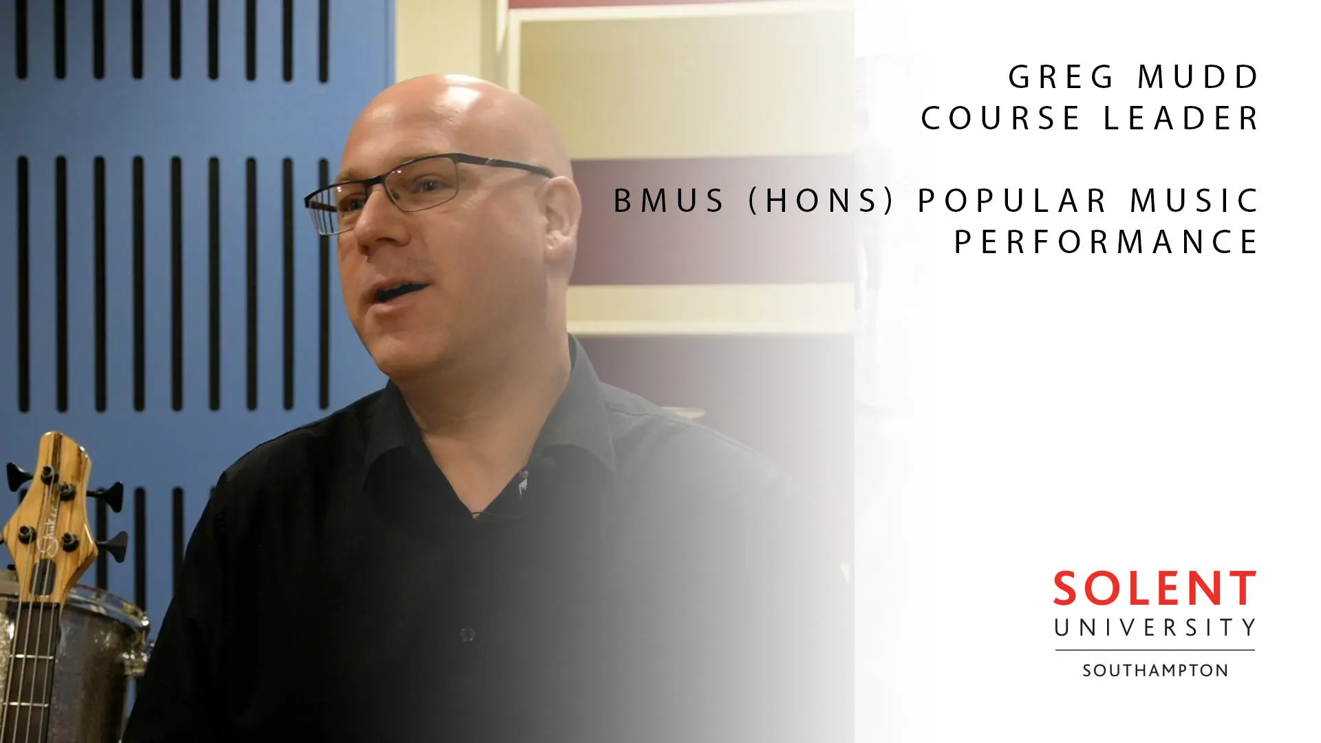 Image of music academic sitting in a music studio, with the words in the side that say; 'BMus (Hons) Popular Music Performance'. 