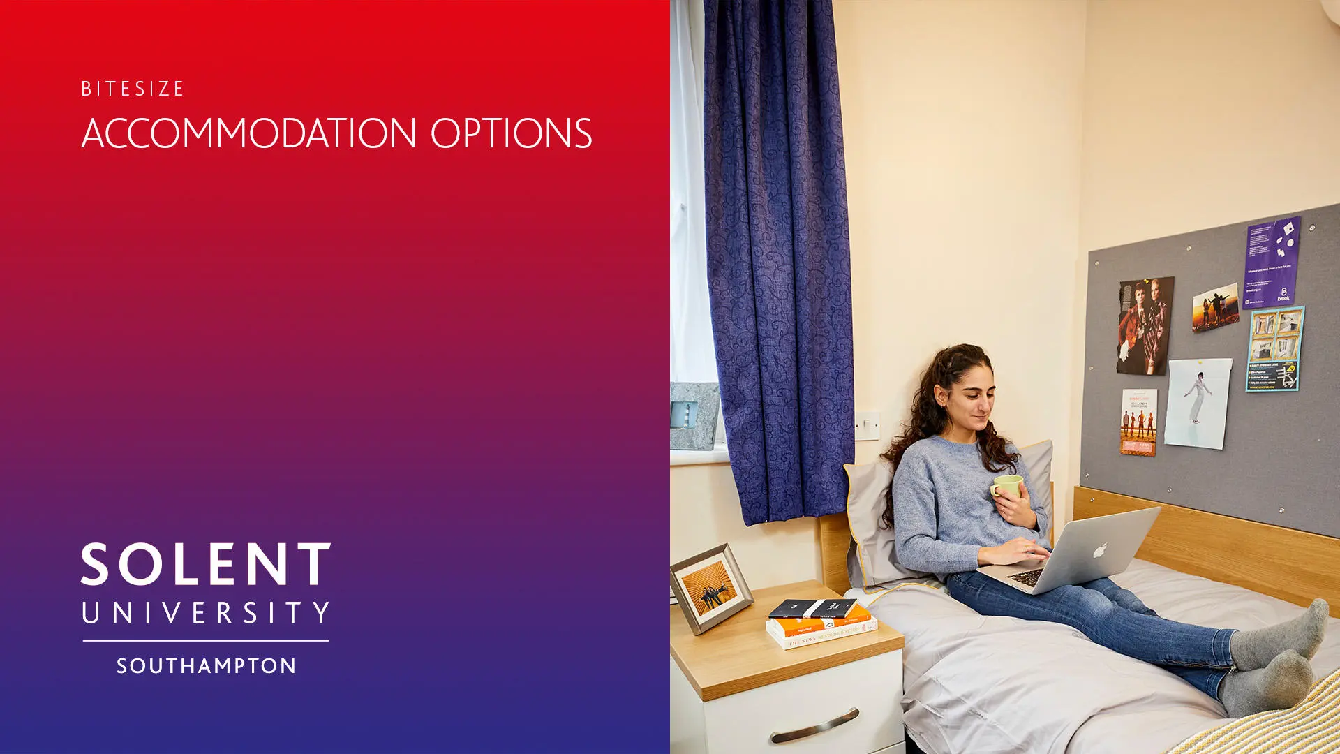 Image of a student in their bedroom on student halls, alongside the text; 'Bitesize accommodation options'. 