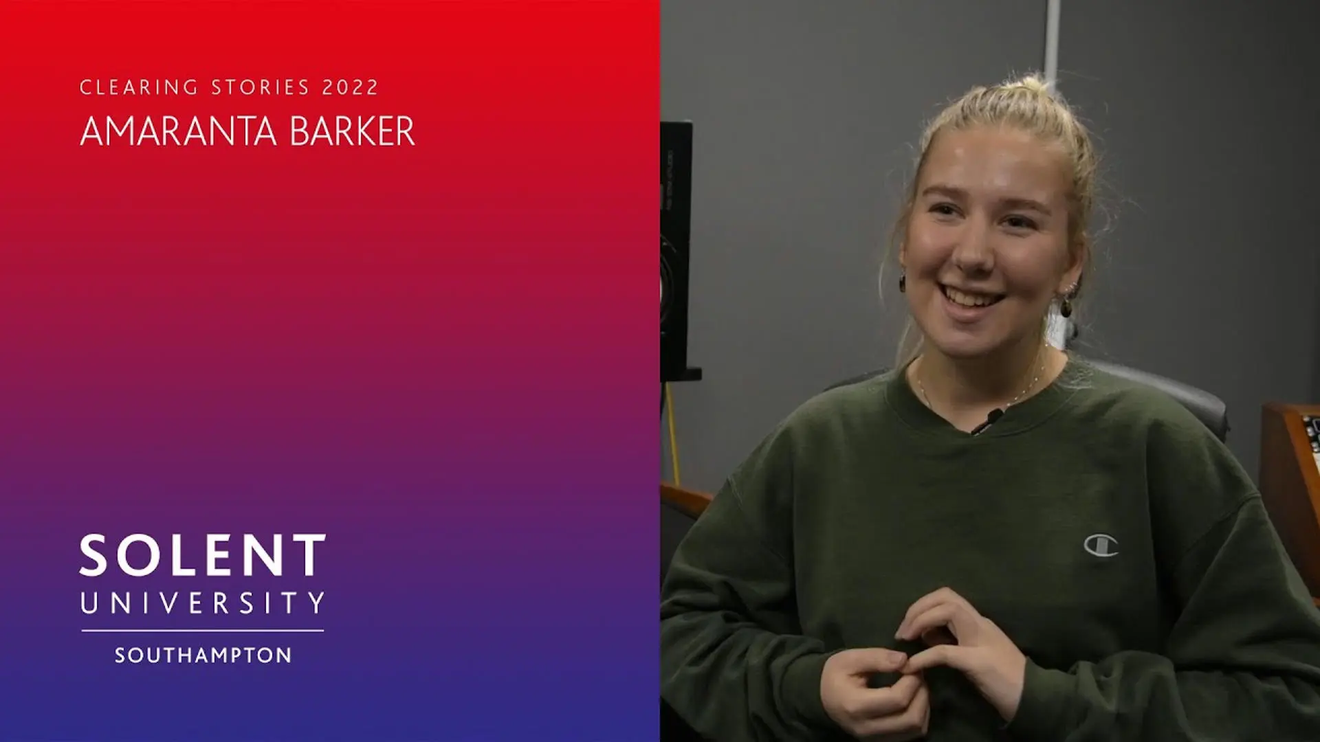 On the left of the screen is a red to purple gradient (portrait) with white copy over the top which reads 'Clearing stories 2022 - Amaranta Barker' with the Solent University, Southampton logo bottom left. To the right is a photo of Amaranta, who is looking off camera and smiling.