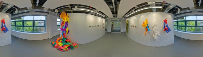 Virtual tour image showing exhibits from the fine art degree show
