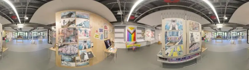 Virtual tour image showing exhibits from the graphic design and illustration degree show