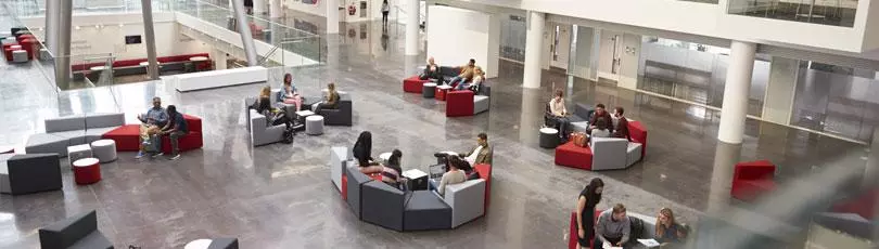 Groups of people sat on chairs in the Spark atrium