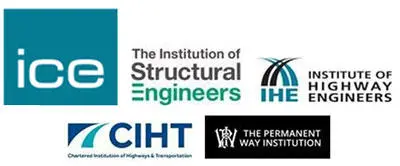 Logos for ICE, Institution of Structural Engineers, Institute of Highway Engineers, CIHT, Permanent Way Institution