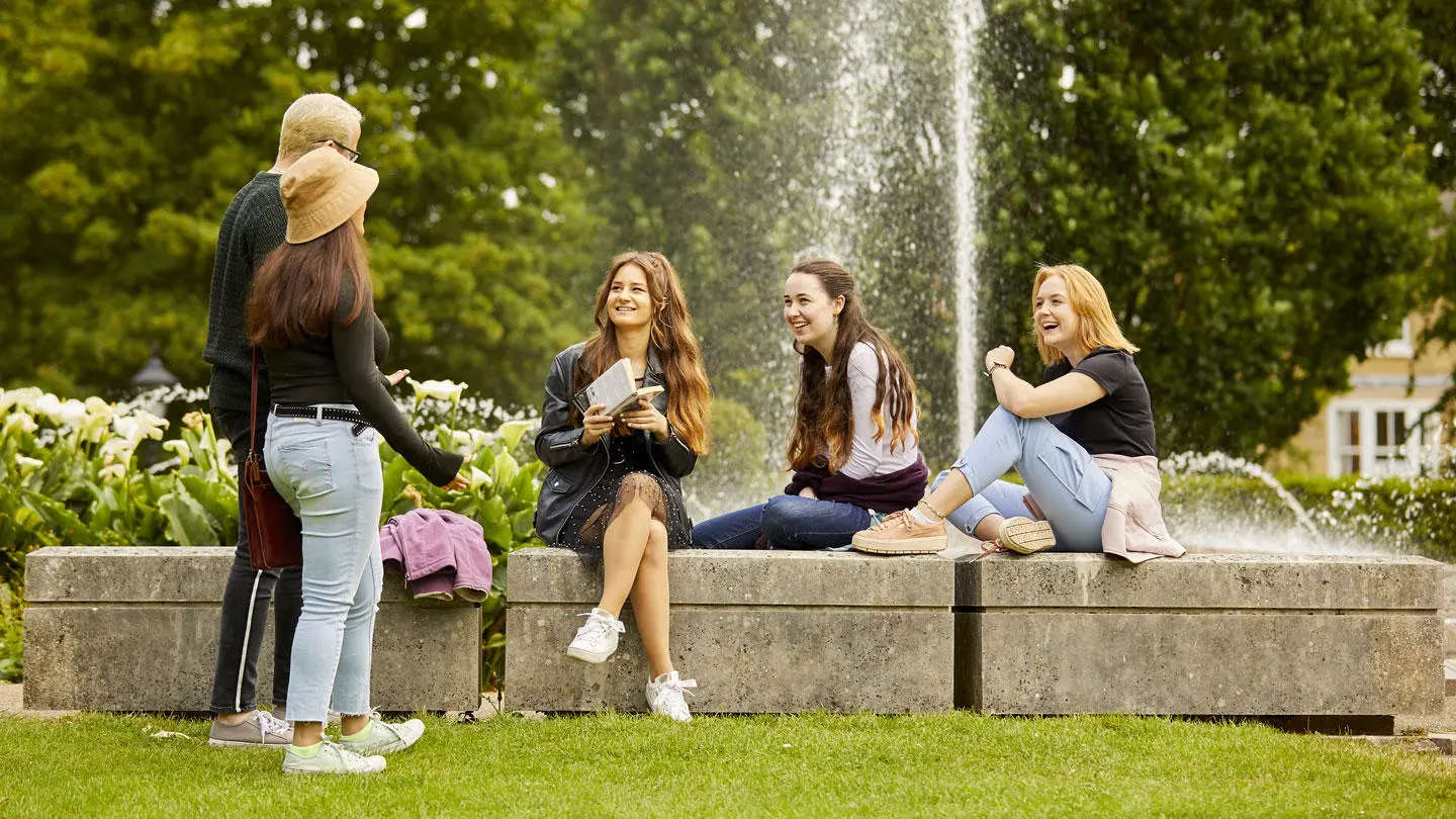 A group of students sat in front of a fountain in a park