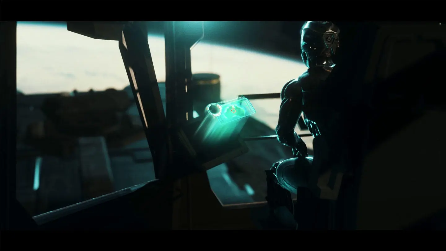 Still from Casey Rankin's work showing a robot in front of a screen