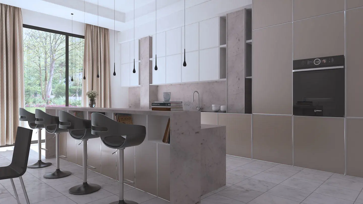 Architectural visualisation of a kitchen