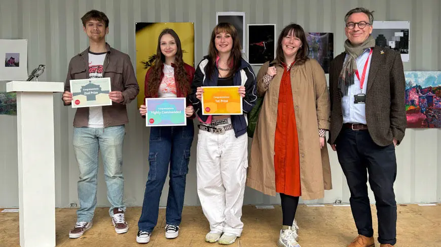 L-R: Second prize winner, Aleksandrs Puhovs; highly commended student; first prize winner, Ella Davenport; a space arts' Mia Delve, Solent University's Guy Moreton
