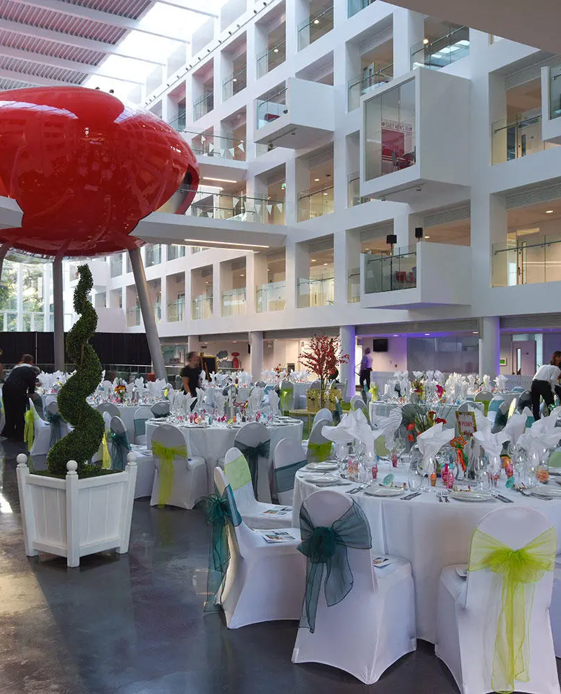 The Spark Atrium set up for a Christmas celebration meal