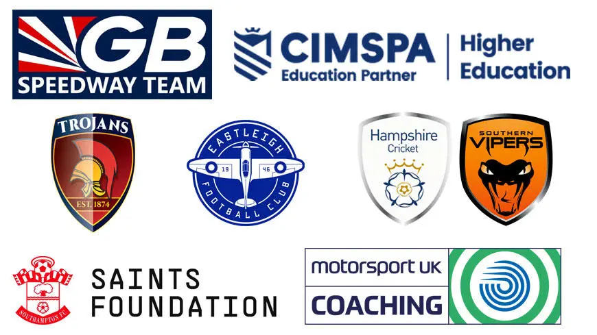Logos for: GB Speedway, CIMSPA, Eastleigh Football Club, Hampshire Cricket, Southern Vipers, Saints Foundation