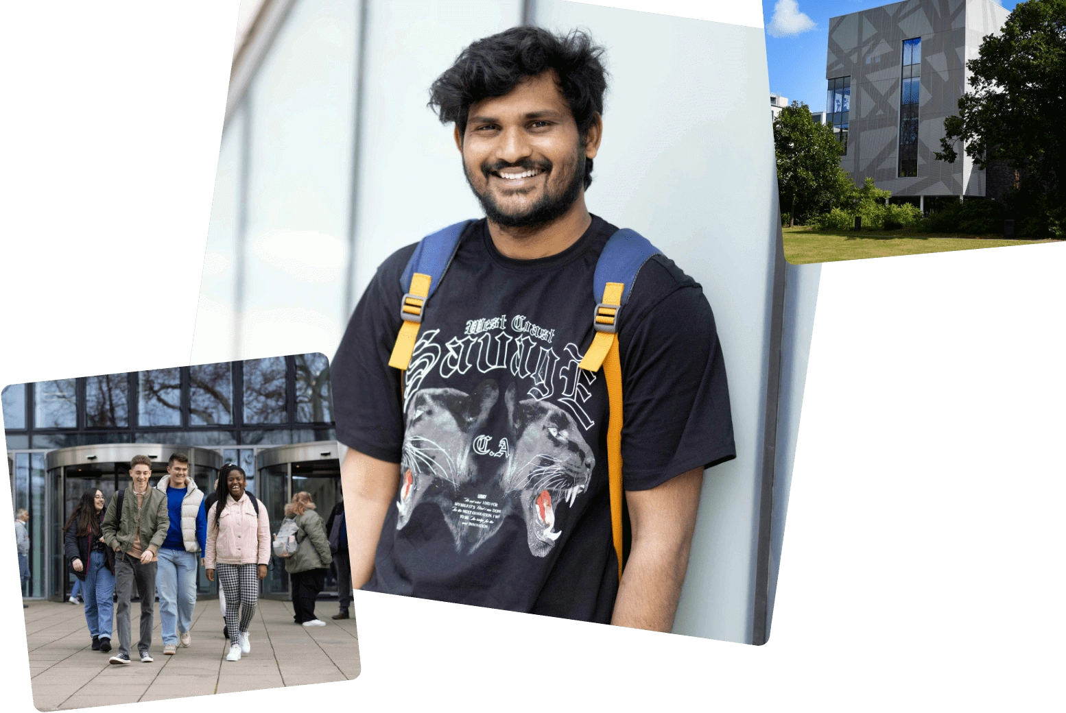 A group of three images - students walking outside a building, a male student smiling at the camera, outside of the sports complex