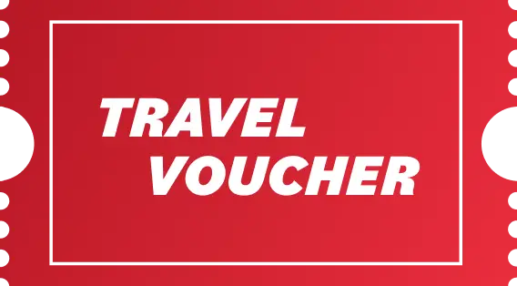 A red ticket image with the words "travel voucher" in the middle.
