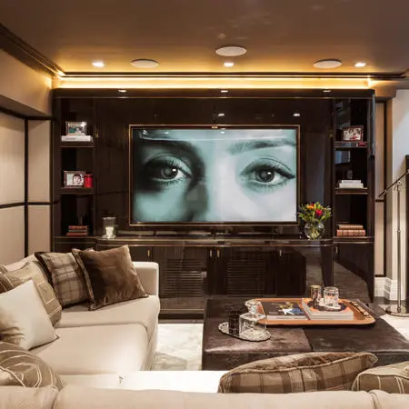 A living room with a media suite
