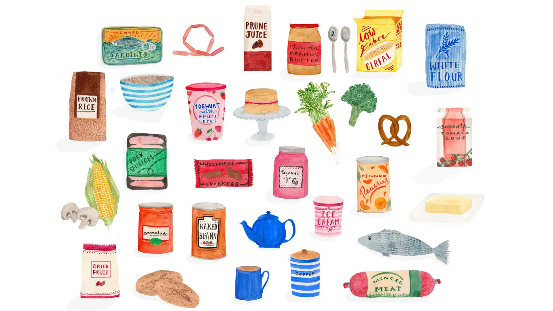 Sophie's illustrations of food items and packaging
