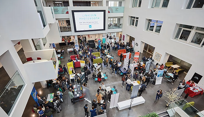 Overhead shot of an industry fair in the Spark Atrium
