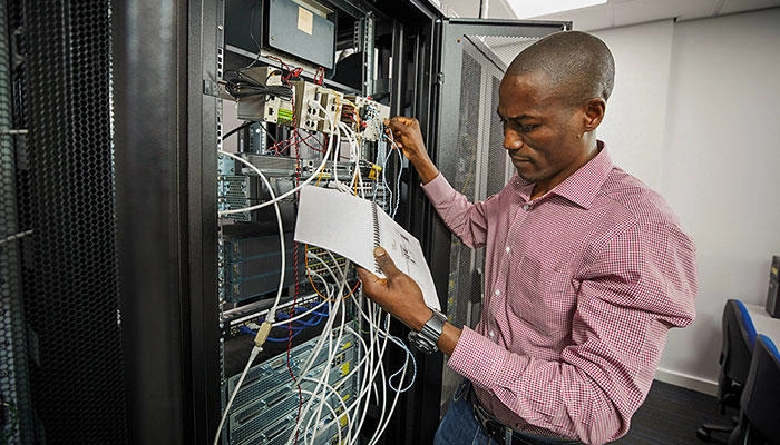 A student working on a server