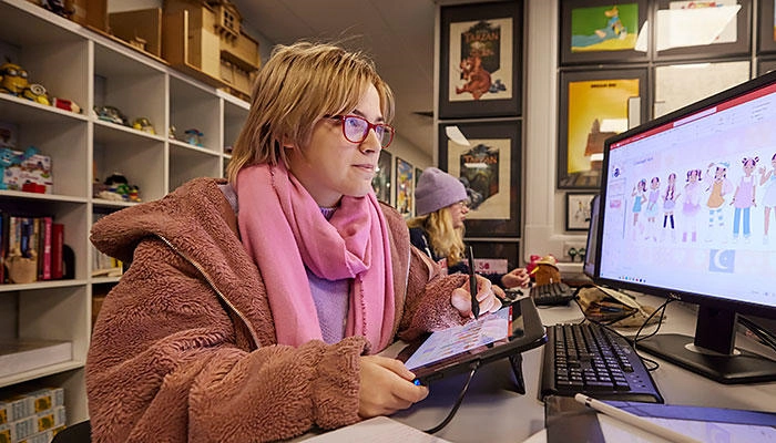 An animation student working in the studio