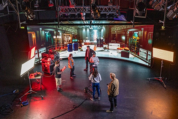 Students using the virtual production stage