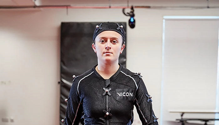 A person connected to biomechanics equipment