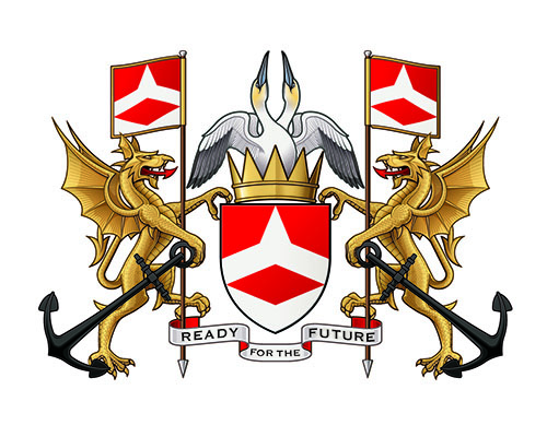 The Solent University Coat of Arms. Motto reads 'Ready for the future'