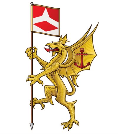 Warsash Maritime School heraldic badge depicting a dragon holding a flag