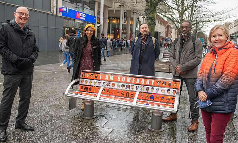 Professor Peter Lloyd, Kate Maple and Don John with one of the benches created for the Bench project
