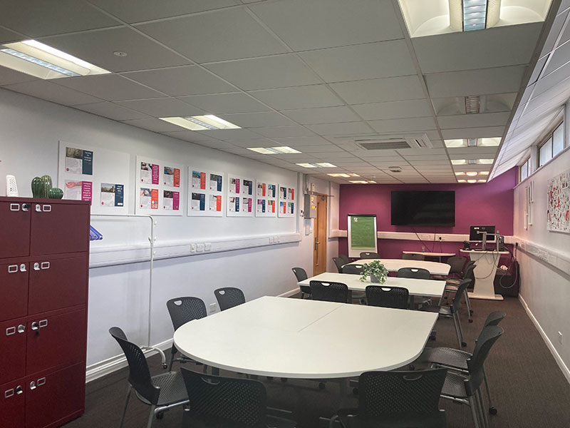 The Research Hub - Engage Space room set up in boardroom style