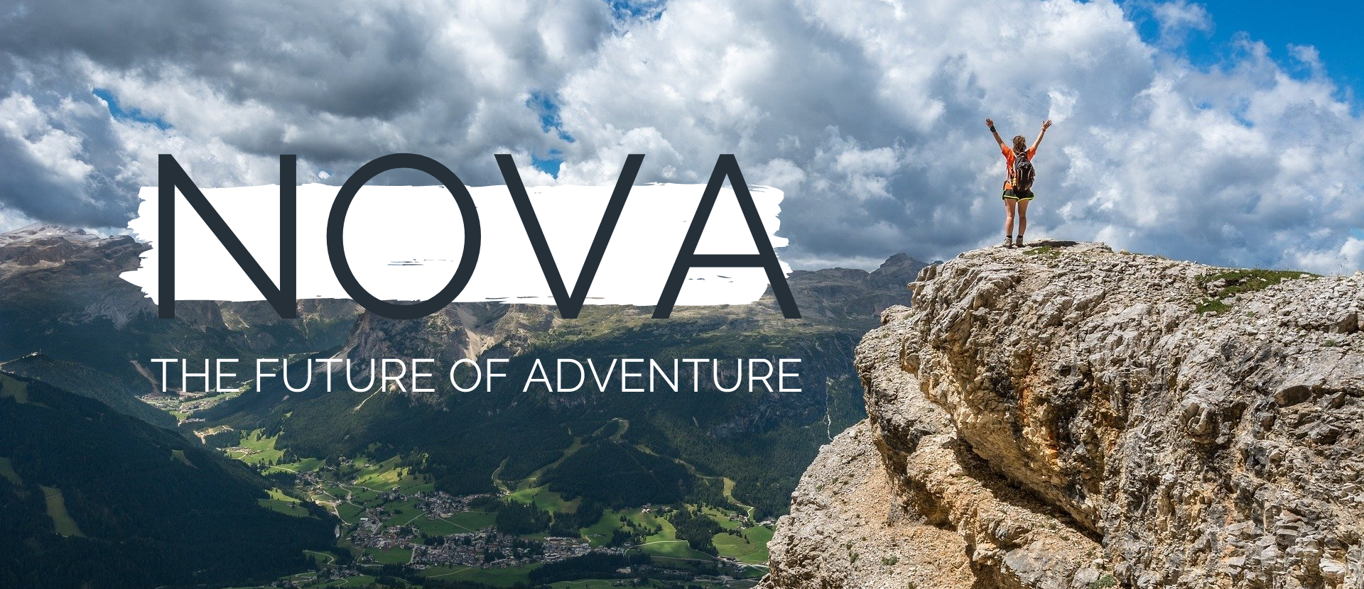 The words 'NOVA, the future of adventure' and a woman stood on a mountain