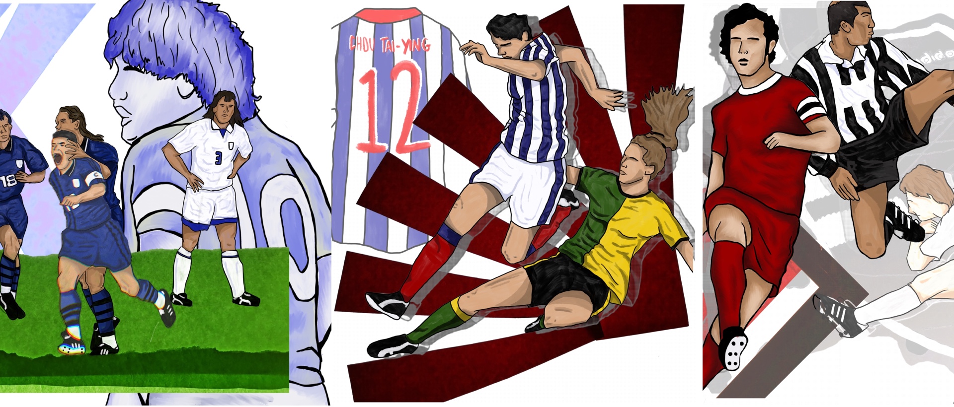 Image shows student work by Sebastian Whitman, and includes illustrations of football players 