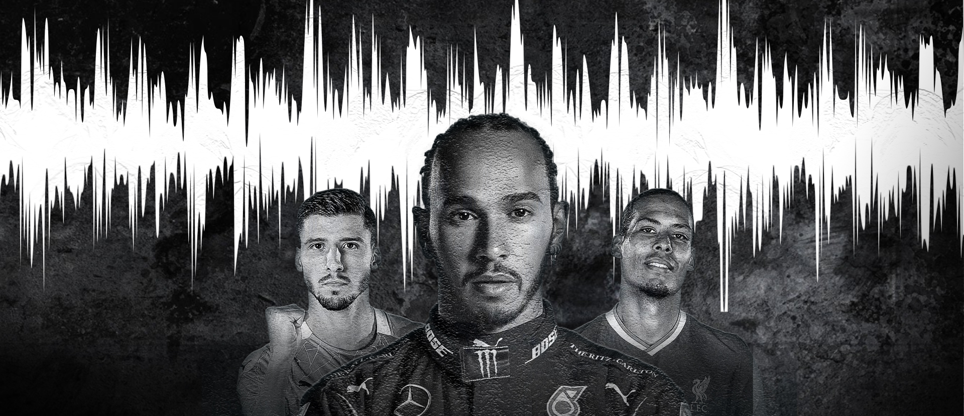 Image shows three sports stars in front of sound waves