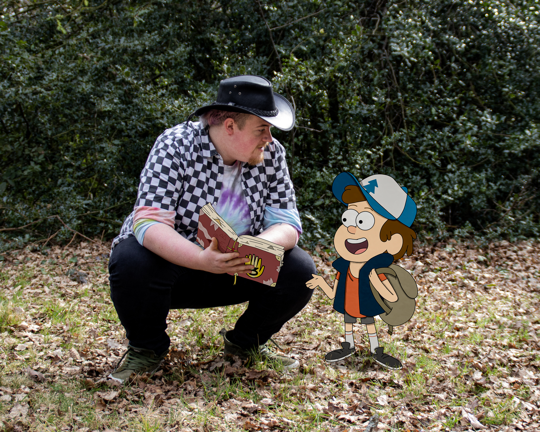 Image shows man in cowboy hat talking to cartoon boy