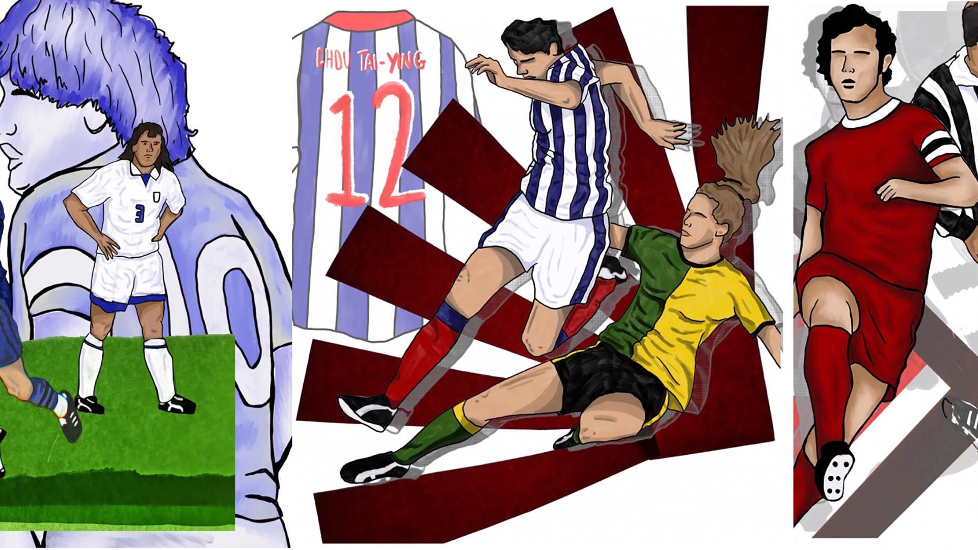 Image shows student work by Sebastian Whitman - includes illustrations of footballers 