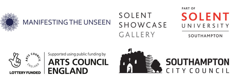 Logos for Manifesting the Unseen, Solent Showcase Gallery, Arts Council England, Southampton City Council