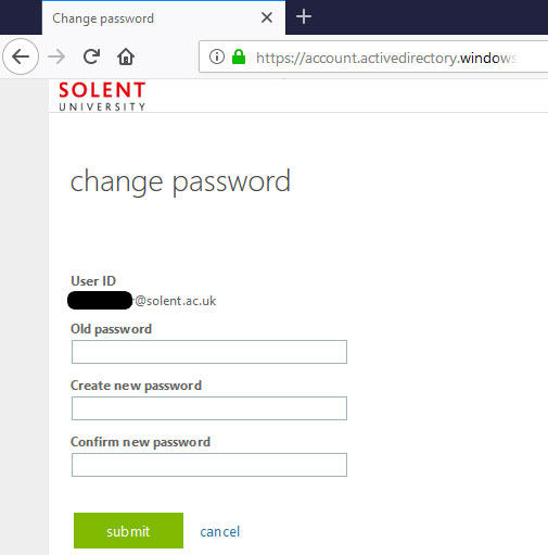 Screenshot of the change password page