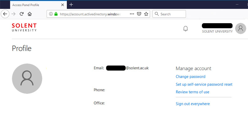 Screenshot of a student's Office 365 profile page