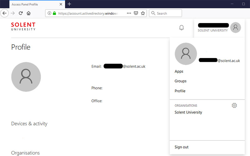 Screenshot of how to sign out of Office 365