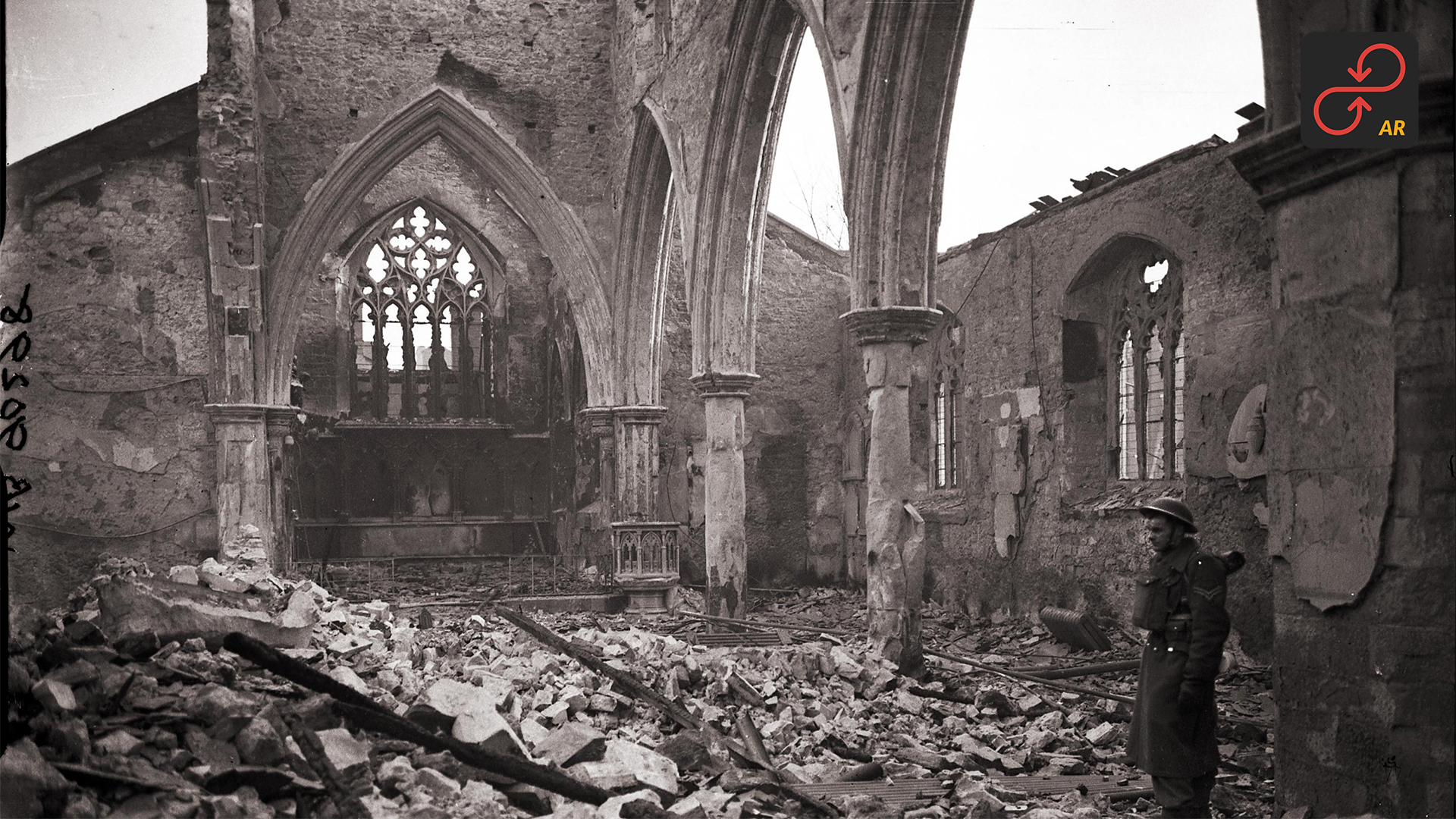 Image shows derelict church building. 