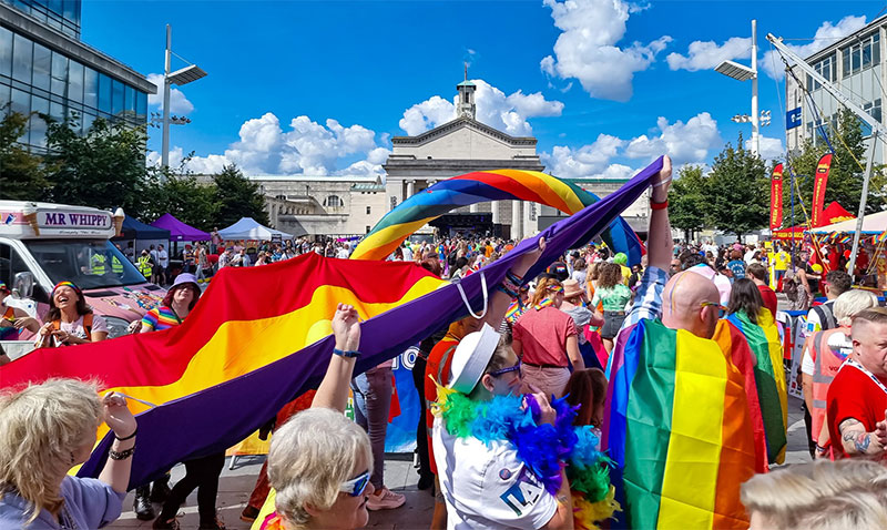 People enjoying the Southampton Pride festivities in Guildhall Square