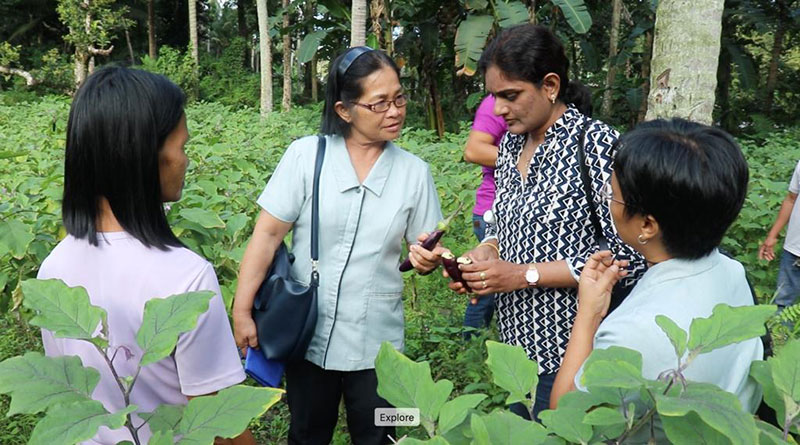 Dr Komali Kantamaneni talking to people in a forest as part of the GCRF project