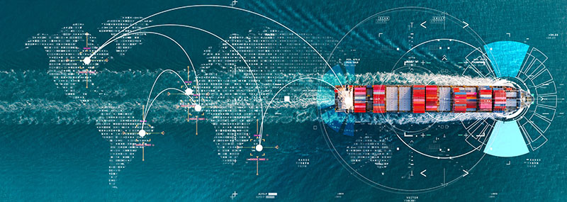 A container ship at sea with a globe graphic overlaid