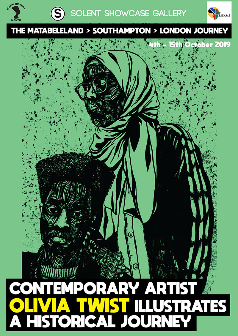 Poster showing illustration of a black male and a black female on a green background