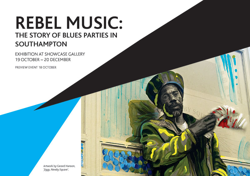 Front cover of the invitation to the Rebel Music exhibition