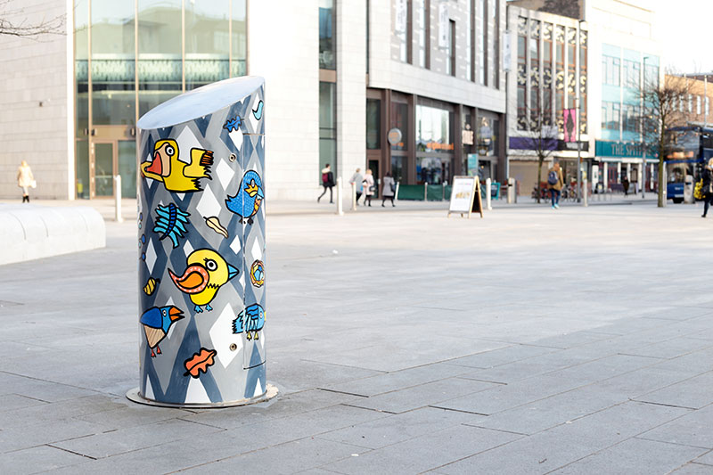 Kev Munday's work on a waste bin