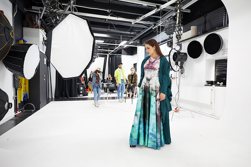 Photography students and a model on a fashion shoot